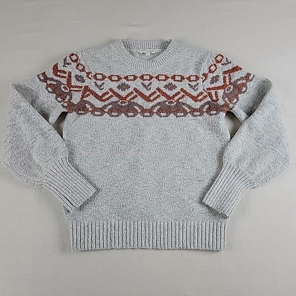 Mystree Knit Sweater Womens Small Gray Brown Fair Isle Nordic PulloverSoft knit